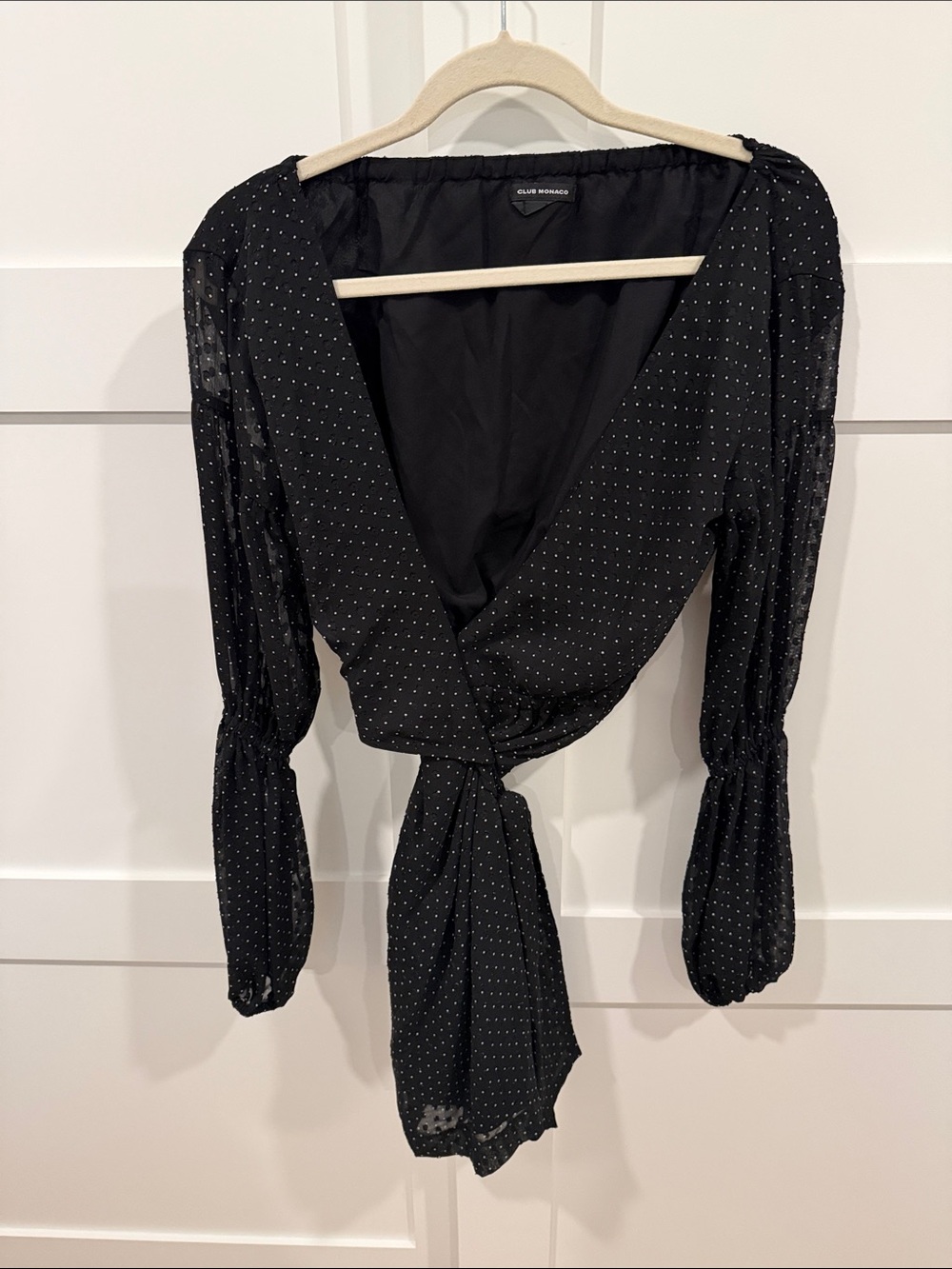 Club Monaco Black Polka Dot Wrap Top